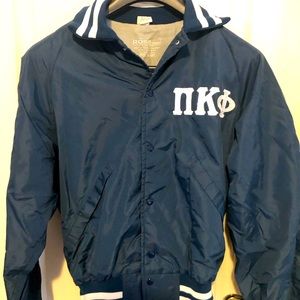 vintage pi kappa phi fraternity jacket sewn letters blue white 1980’s Snap